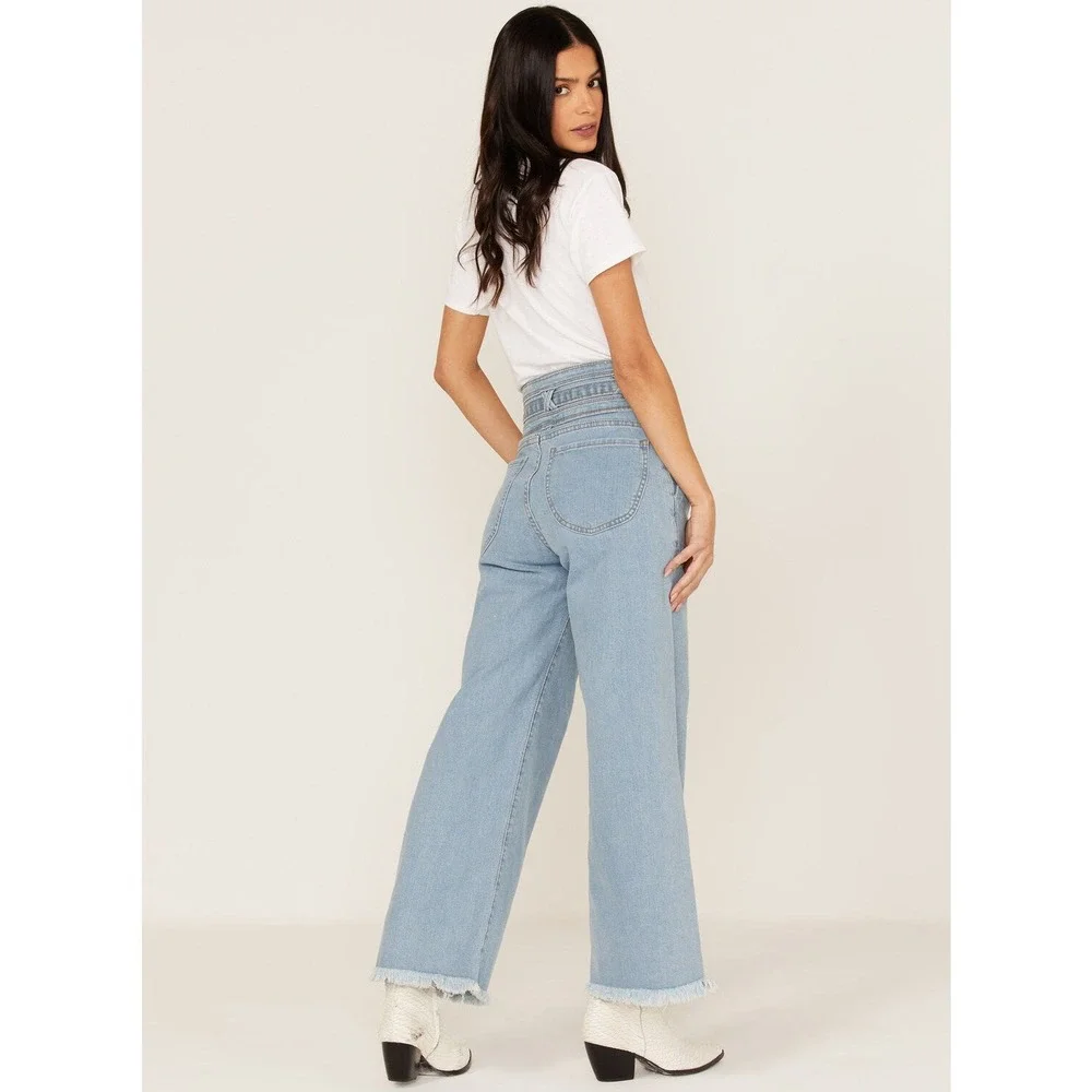 Lola Reese Jeans High‎ Rise Wide Leg Crop Jeans Light Wash Belted Womens Size 30